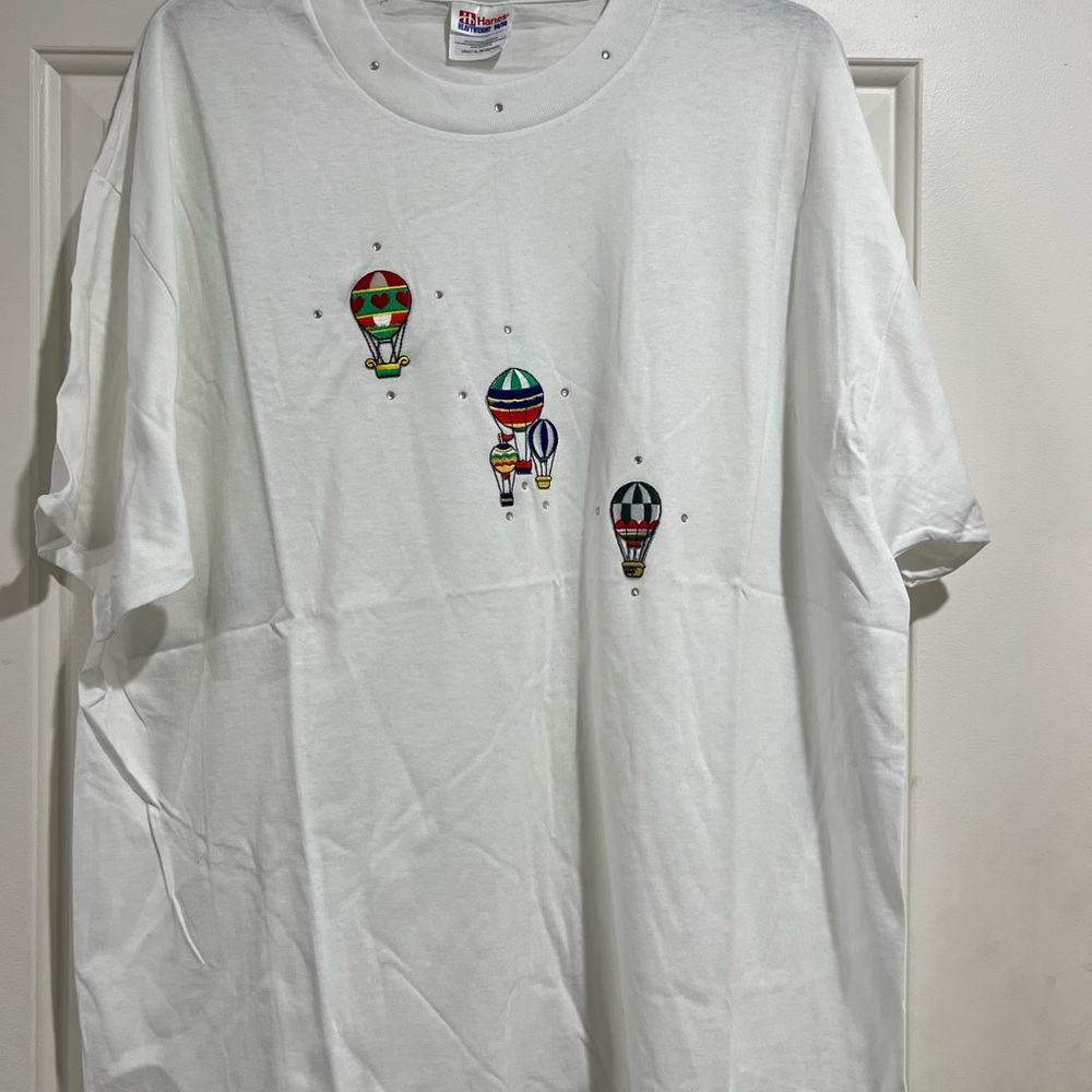White T-Shirt with Colorful Hot Air Balloon Design with jewels